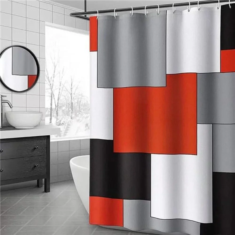 Geometric Red Shower Curtain Sets with Non-Slip Rugs,Toilet Lid Cover & Bath Mat